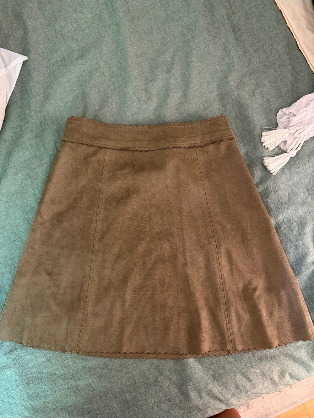 Altar'd State Olive Suede A-Line Skirt with Scalloped Trim